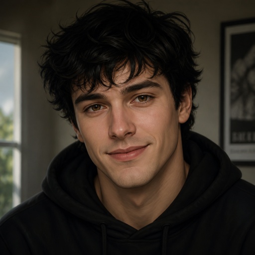 26-year-old white American man, average height, naturally proportioned average male build, neither muscular nor slender. Medium-length messy black hair with naturally tousled strands. Warm brown eyes, light skin, straight nose, soft natural facial features, smooth completely hairless face, bare cheeks, bare chin, bare upper lip, no beard, no mustache, no stubble, no five-o’clock shadow. Fresh-faced man in his mid-twenties, youthful adult appearance, approachable and friendly expression, naturally attractive.