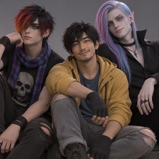 Male, teen, green eyes, ear piercings, black shirt with skull, purple scarf with blue tips, brushed smooth neck length hair covering one eye, light red light orange and black hair gradient, black nail polish, black eyeshadow, Male, Asian, black messy neck length hair, bangs, hair covering ears, light stubble, smile, yellow frayed jacket, grey ripped jeans, blue shirt, gloves, Male, pale, vampire, thin, light blue eyes, cheekbones, medium length brushed smooth hair, all back hair over right shoulder, bangs, pinkish purple and light blue hair gradient, tassel earrings, jewelry, black button up shirt with upturned collar, choker, smirk, eye bags, pointy ears