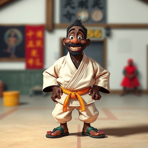 Create a character who looks like a funny African karate guy who doesn’t have a clue what he is doing. Make him have weird toes