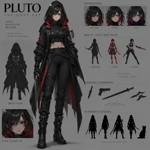 shadow assassin name code pluto the copy cat, copy and paste ability, black hair red on the inside