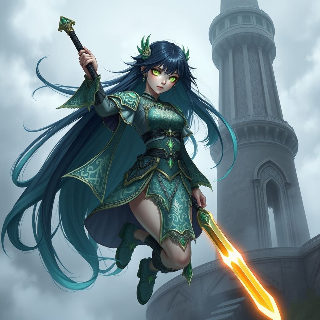 A mildly pale teenage girl. Godly two-piece clothing, glowing emerald eyes, hair as black as coal with cyan tips weighed down by a legendary sword, levitating in front of an abandoned tower