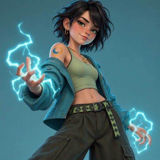 Female, teen, freckles, dark green eyes, cyan ray shadow, ear piercings, smirking, choppy black neck length messy hair, bangs on one side of face, cyan jacket with shoulder holes, light green crop top, yellow heart tattoo with a blue moon inside on shoulder, baggy pants, belt with dark and light green triangles, gold necklace, lightning powers
