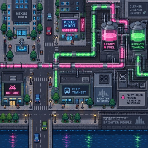  Pipes carrying glowing fairy liquid in city for a fantasy game set in modern times, top down style