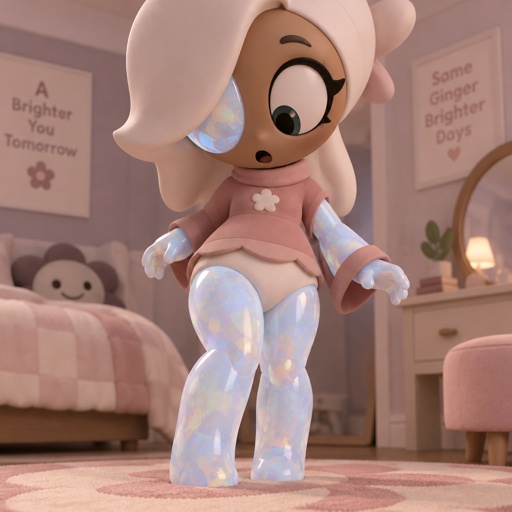 Ginger from Dandys world in her room noticing that she has opalite legs and hips to go with her opalite arm and face piece 