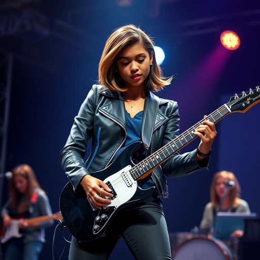 A teenage darker skinned African American woman with glasses shoulder length brown hair with highlights in a side part style wearing black leather jacket with blue accents black jeans a dark blue shirt on a stage playing a Flying V electric guitar with a band