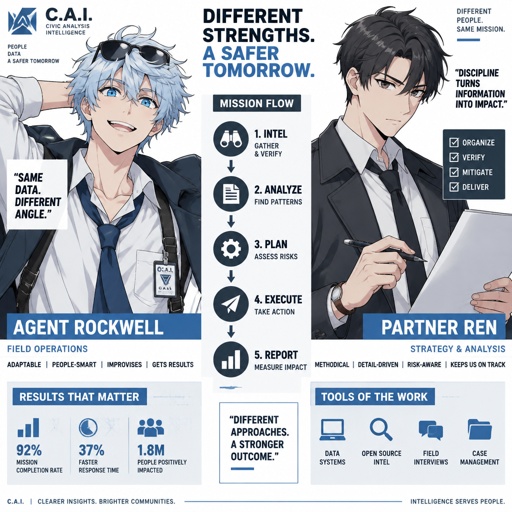 Comic Anime Agent Rockwell very poof up messy hair half side longer and drooped down hair is a light blue skin color white, very bright blue eyes, wears a suit tie is loose, he doesn't wear his jacket his collar to his shirt is uneven sunglasses on his head He's know for his mischievous and reckless behavior but takes missions very seriously is one of the best agents they have Ren is Rockwell's partner is very serious and organized opposite of Rockwell, get very annoyed at Rockwell's behavior they tend to argue with each other but Rockwell is more of having fun
