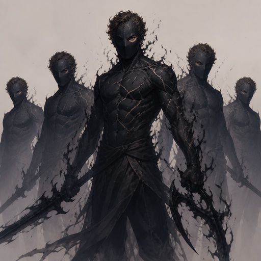 Male superhero with darkness solidification, weapons made of shadows, mask covers whole face except one eye,curly brown hair, cracks, middle aged, multiple of the same character 