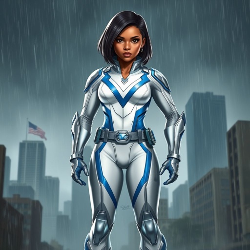 A teenage African American female superhero with hair in a shoulder length side part style wearing a slightly armored white and silver suit with blue accents and a stylized V as her chest emblem a utility belt and silver boots standing in Philadelphia during a rain storm 