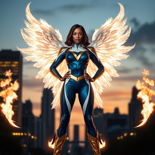 African American female superhero with shoulder length hair in a side part style and wings made of white fire  wearing a slightly homemade  white blue and gold suit with blue pants with a stylized V as her chest emblem wearing gold flat boots made of gold standing in Philadelphia at dusk