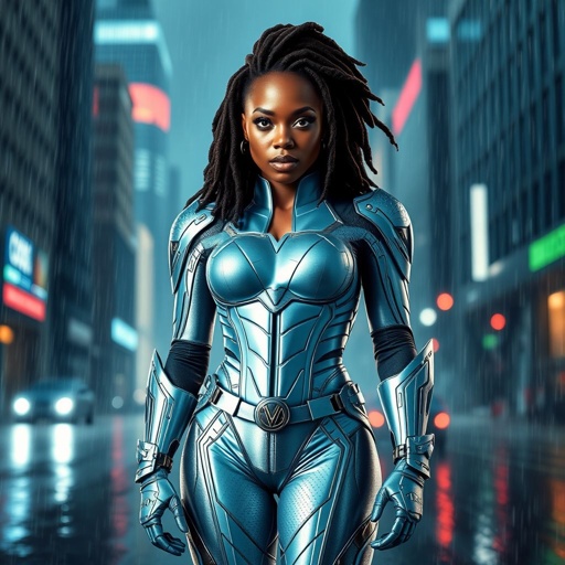 African American female superhero with locs in a shoulder length style wearing a leather slightly armored light blue and silver suit with light blue pants and silver boots and a V as her chest emblem standing in Philadelphia during a storm
