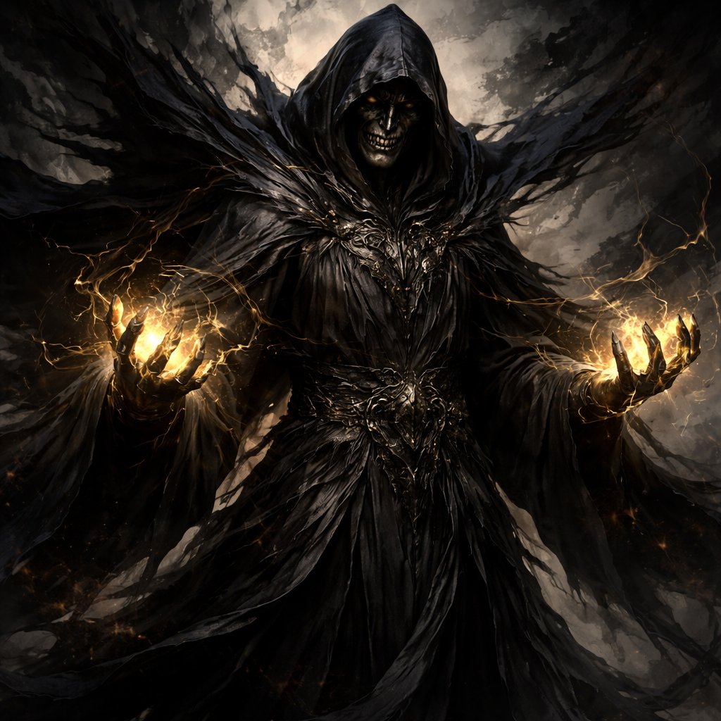 A wizard who is wearing all black. He has a long black cape and has the hood over his head. He looks really evil and strong. He has a small evil grin. His hands glow with gold.
