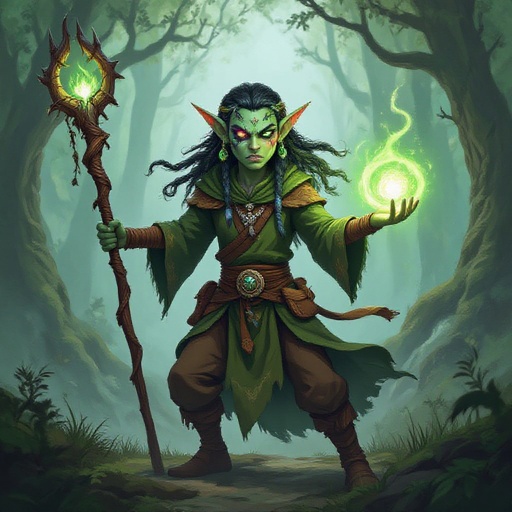 Druid, forest elf with one eye off and angry looking