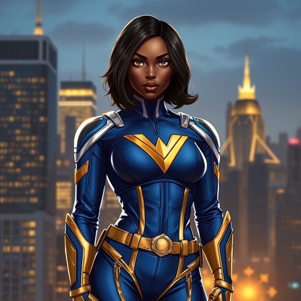 African American female superhero with hair  in a shoulder length side part hairstyle with pure Gold Glowing eyes wearing  slightly armored royal blue white and gold accented suit with royal blue pants and gold knee length boots with a utility belt with a gold V  as her chest emblem in Philadelphia 