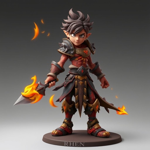 Create a character: battle hero Rhen the Fire-Singer – A lean, muscular man. Show him head to toe including his shoes.