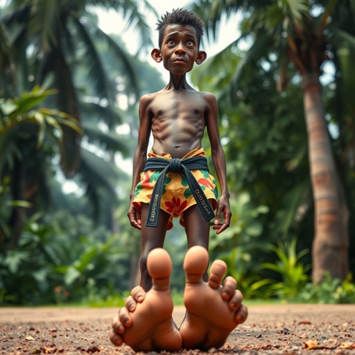 Create a character who looks like a funny African karate guy who doesn’t have a clue what he is doing. Make him have weird toes, only speedos on and a black karate belt. Make him tall skinny and slinky.