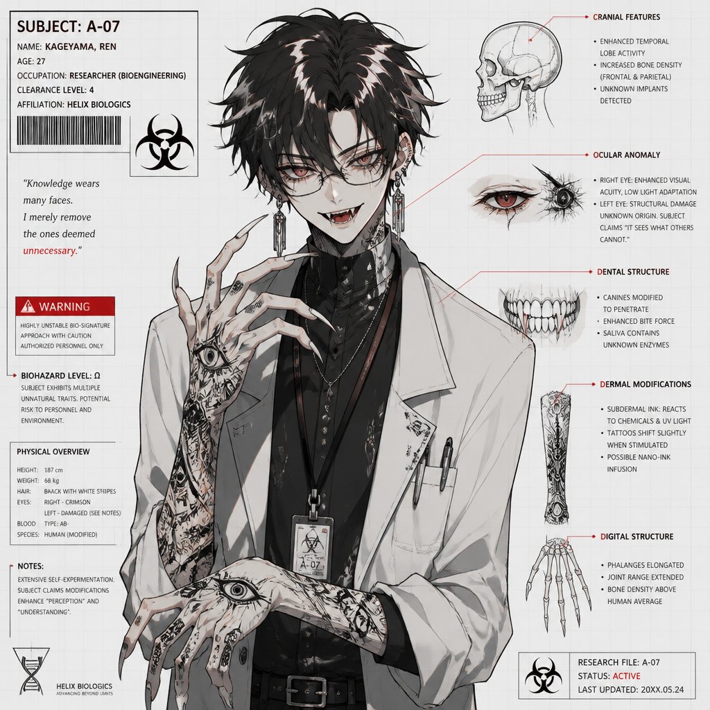 Anime male,hair messy long braided black hair with white stripes,clean shaven,highly skilled,in late 20s,migraines,sarcastic,red glowing eyes,one eye is severely damaged,serious face,been experiment on for many years until finally found and rescued ,has power of a spider and control spiders make traps poison and crawl on walls and ceiling dangerous,glasses,wears a loose jacket a nice fully covered shirt ,loves spiders, nice big earrings,tattoos on arms,helps people but on his terms,doesn't remember anything from his past except the experiments, long scary fingers, spider fangs, traumatized,special agency is keeping an eye on him