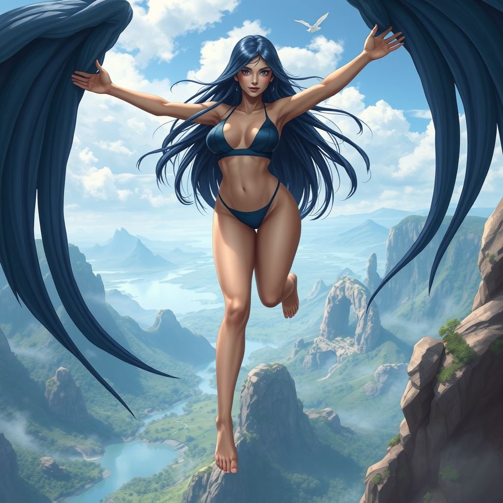  Giantess woman  dark blue hair woman with dark blue long bikini dark blue hair straight barefoot
