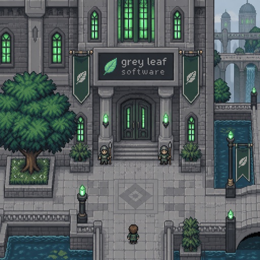 Business called grey leaf software for a futuristic fantasy city game, exterior, top down style