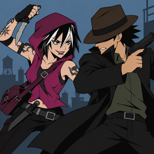 Female, black jagged hair cut, neck length, white strands, two lip piercings, blue eyes, magenta sleeveless hoodie hood up, dark magenta satchel, belt with knife attached, gloves, tattoos on both arms, holding knife, smirk, Male, no facial hair, brown fedora that covers eyes, black back hair spiky, black trench coat with upturned collar, green shirt, holding gun, fighting the other