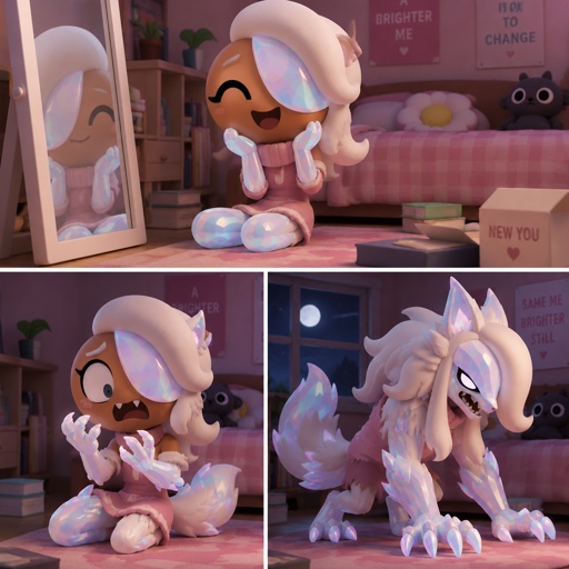 Ginger from Dandys world in her room enjoying her new Opalite legs and arms and face piece in one scene and the middle one she’s half Opalite werewolf and she’s scared and the last one she’s fully transformed 