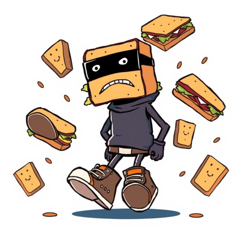 Create a funny looking clumsy sandwhich thief with funny shoes on. Make him have on the bandit black thing around his eyes 