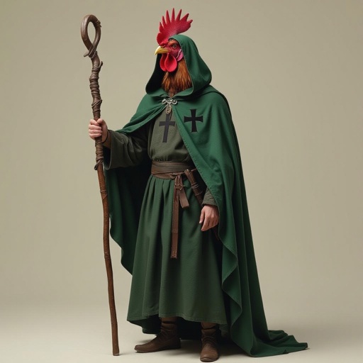 Rooster head on a human body. He wears a green cloak with a black cross stitched on the right breast. He carries a staff and wears a hood over his head