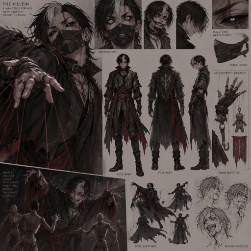 Male villein with puppeteer powers, medium length black hair, white streak in hair, cool outfit, completely black eyes with white pupils, scars, mask, insane 