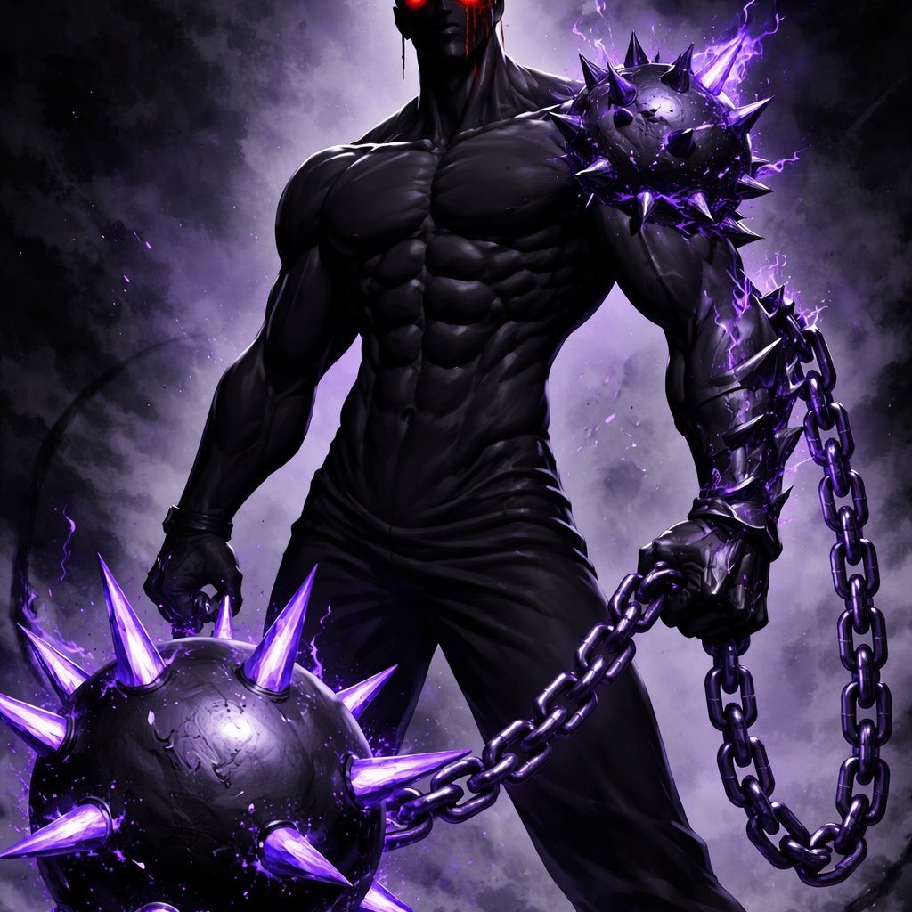 Buff, guy, pure black like the void looking like a smooth texture like marble but with no shine ,pure red circle eyes with no mouth or ears or nose, he has a line that droops from his eyes straight down to the chin exactly stopping at the chin. He has a shoulder armour piece on is right arm that has a purple void-like outline on the black shoulder armour piece . He has a giant ball and chain . The chain has the same look as the shoulder piece with the purple outline and the armour look. The ball is made of the same as the armour piece too but each spike on the ball is made of the void purple stuff but on the ball it looks like purple plasma