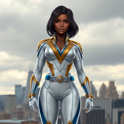 A teenage African American female superhero with hair in a shoulder length side part style wearing a partially leather white and Gold suit with blue accents and a stylized V as her chest emblem a utility belt and silver boots standing in Philadelphia during a cloudy day 
