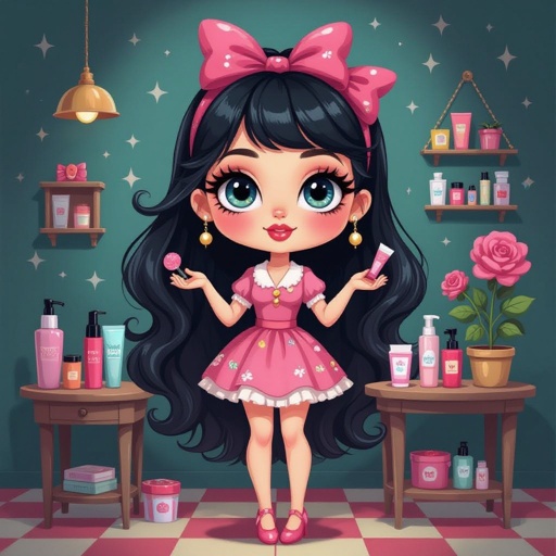 Create a business owner character showing there whole body head to toe, a lady who loves beauty products  