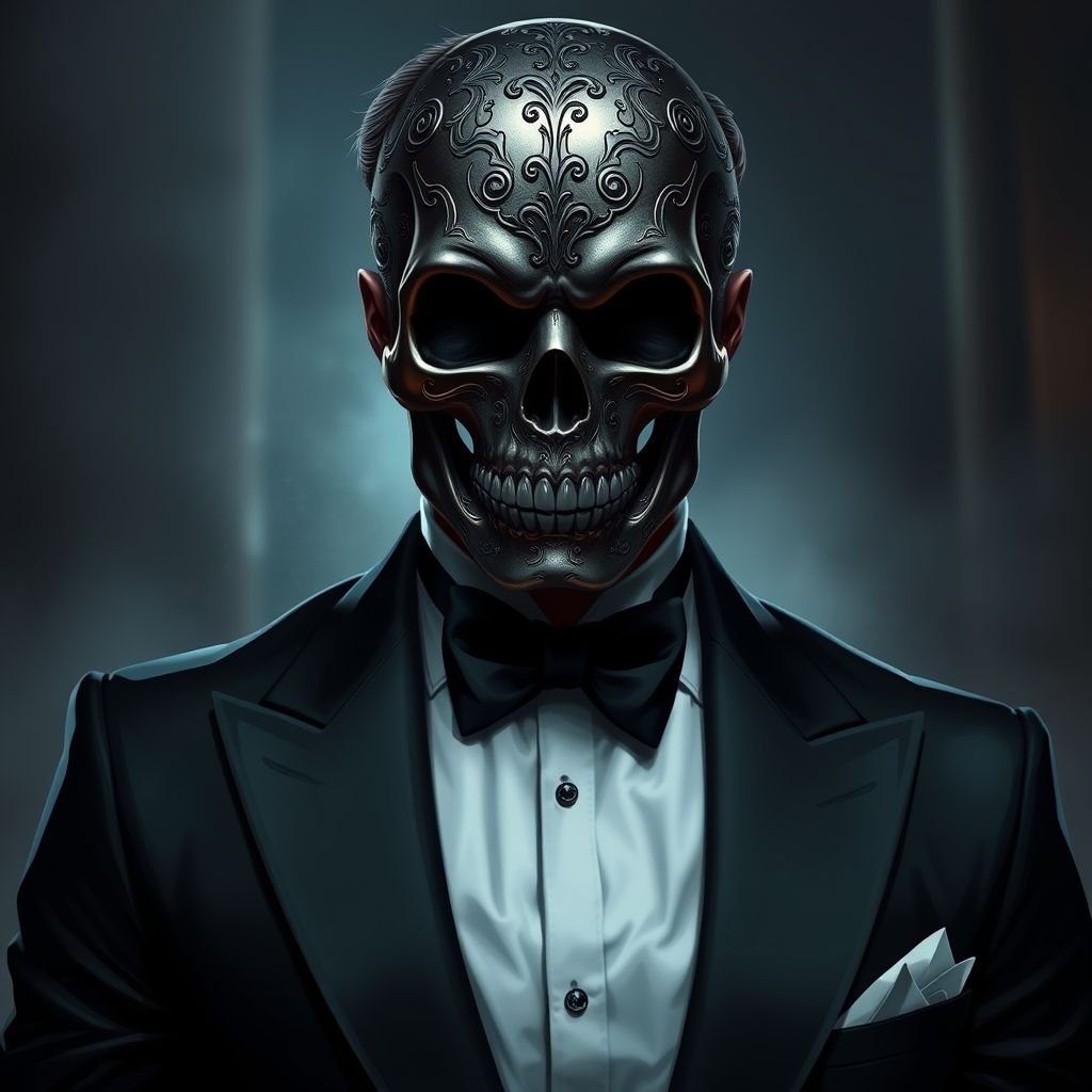 A man in a black tux with a metal skull mask on