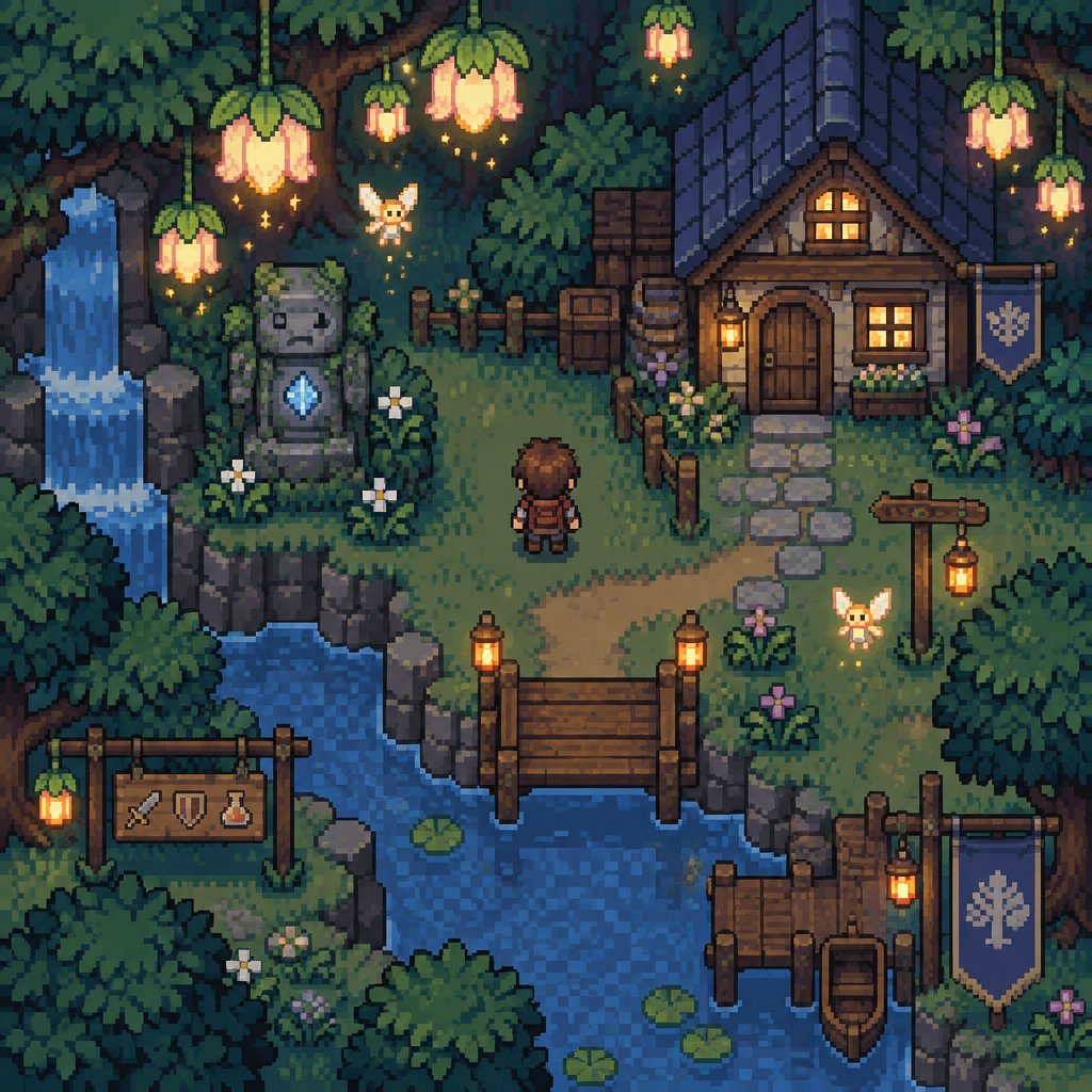 Fairy lanterns hanging glowing flowers for a fantasy game set in modern times, top down style