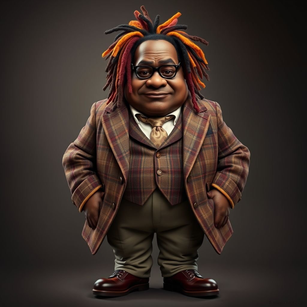 Create a funny serious fat character similar to Sherlock Holmes, but make him of black decent and with dread locks. Show his whole outfit including his shoes.