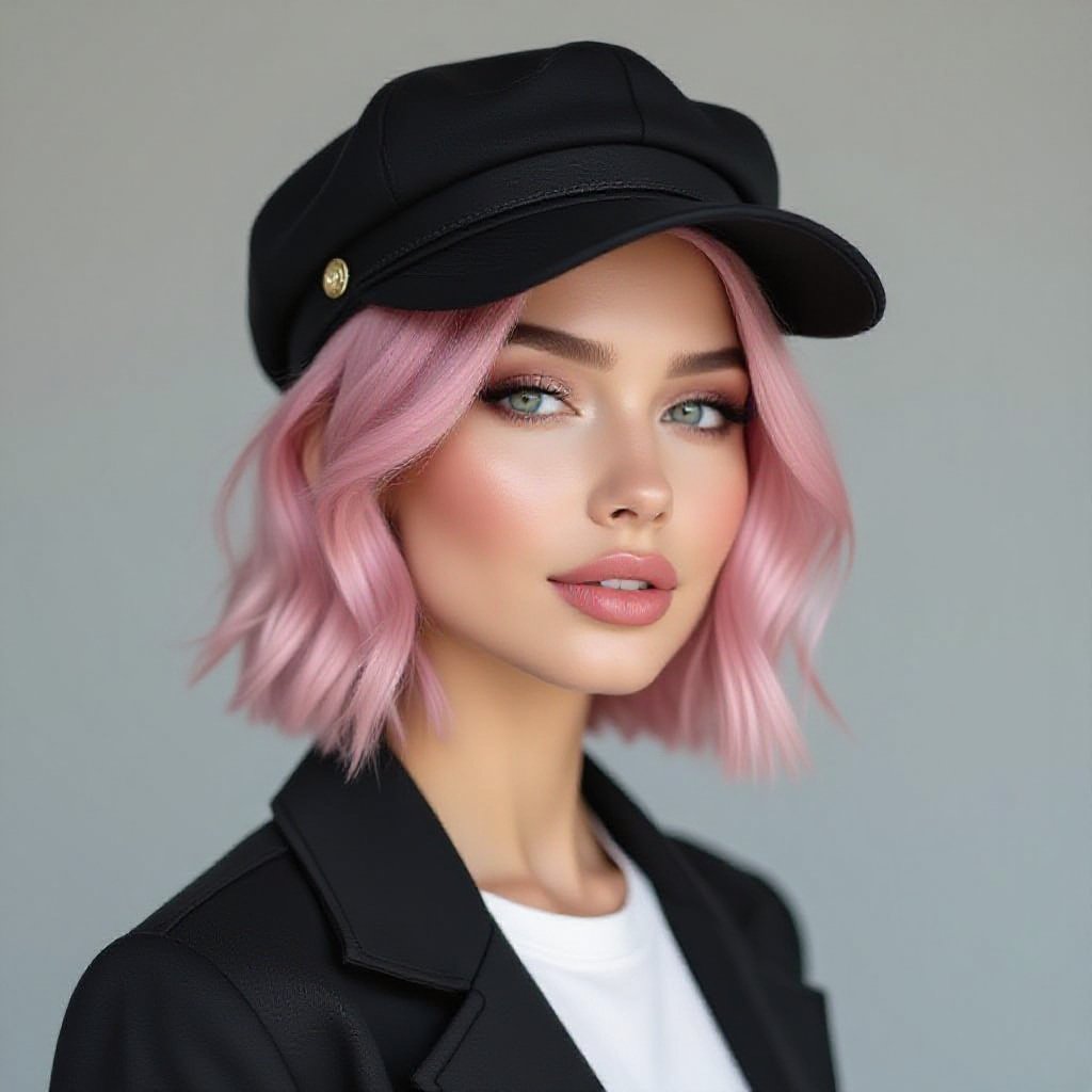 blonde and pink hair in a Bob Cut wearing a stylish black cap