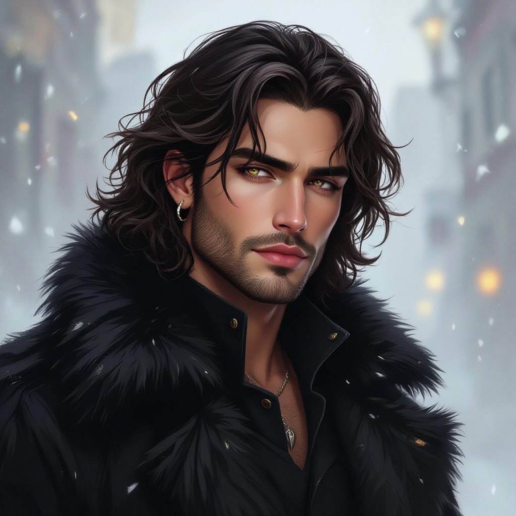 Mężczyzna o długich, lokowanych,  ciemnobrązowych, włosach. z krótkim zarostem.  ciemne oczy. Ubrany w czarną futrzaną kurtkę. Wąskie usta. Bez kolczyków. Pyzaty. Przymknięte oczy. Blada karnacja