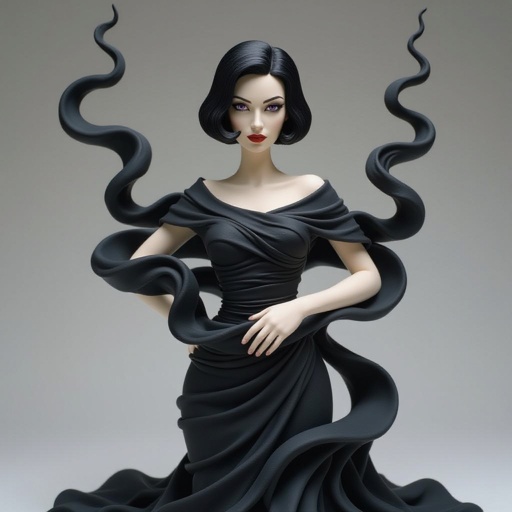 Create A lithe, mysterious woman draped in layered black silks that move like smoke around her. Her jet-black hair is cut sharp to her jawline, and her violet eyes seem to pierce through darkness. Show her head to toe, her whole body.