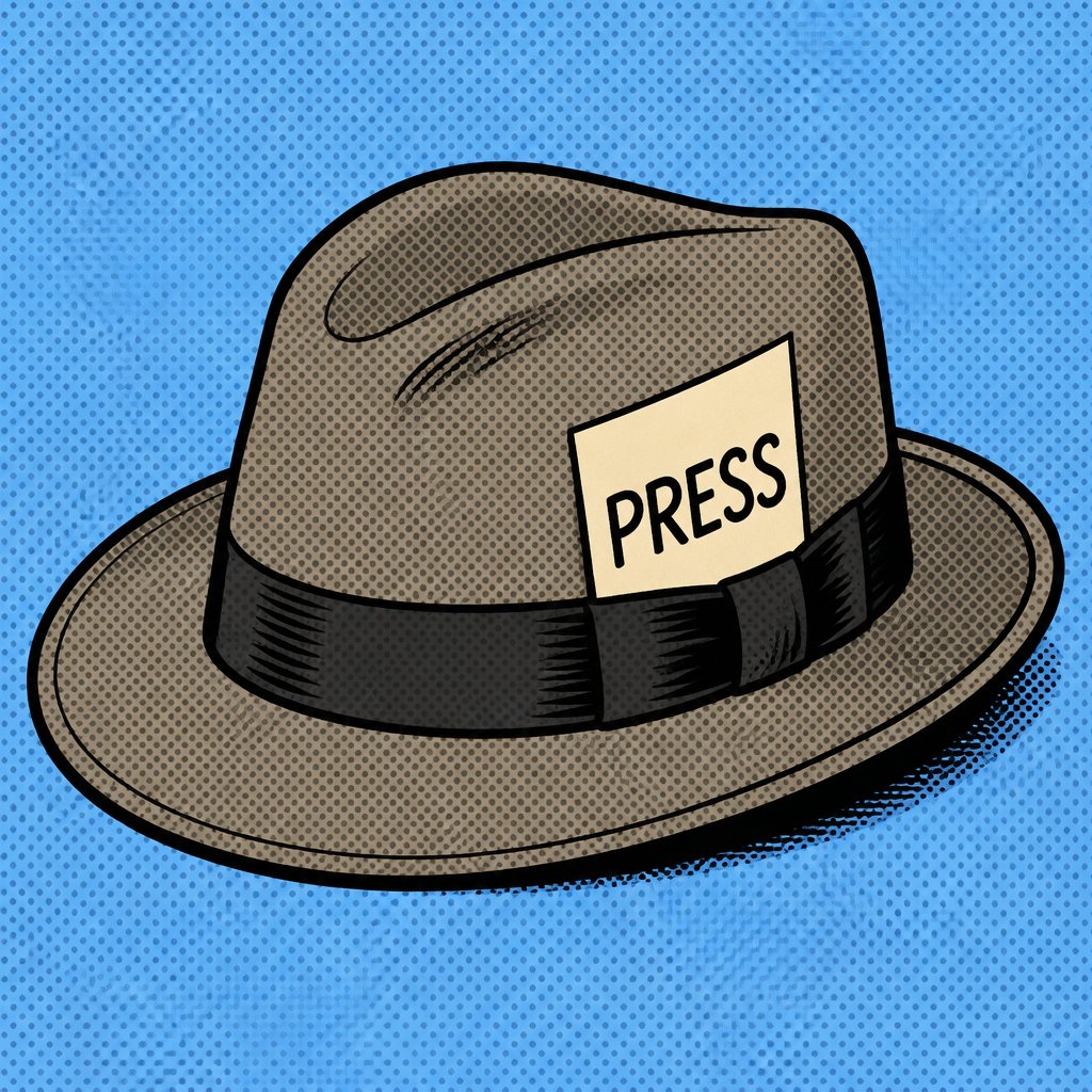 Three-quarter rearview an old-fashioned fedora with a card sticking out of it that says PRESS