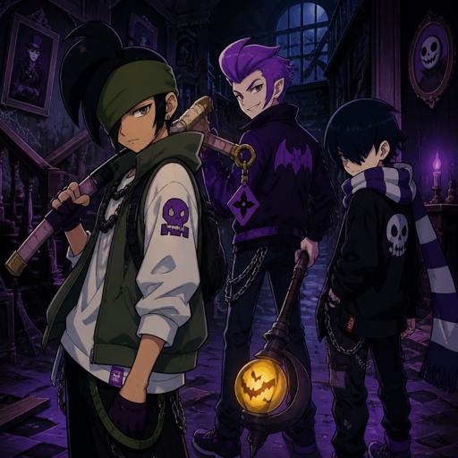 Kenji, Mortis and Edgar from brawl stars wearing modern clothes, in a haunted house