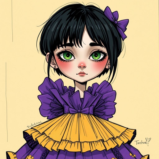 Short black hair. Jade green eyes. Purple fancy dress. 13 years old. Tomboyish. 