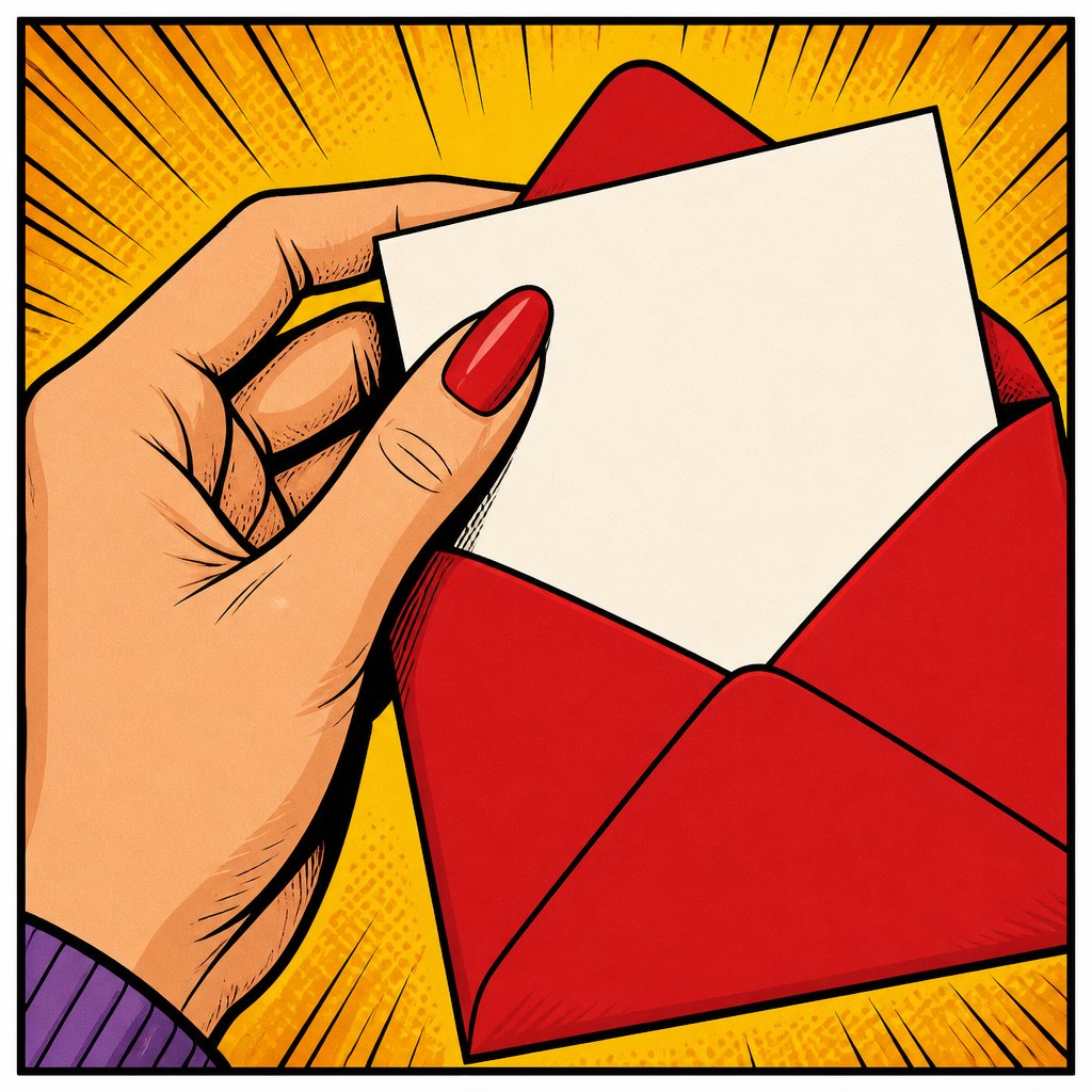 Highly realistic, vivid colours no speech bubble a woman’s hand reads a blank card from a red envelope. We only see the hand, card in envelope.