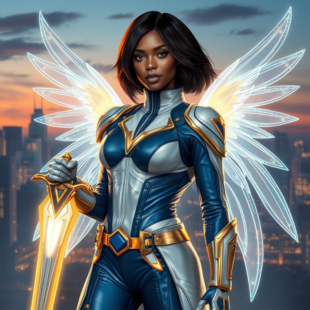 African American female superhero with shoulder length hair in a side part style and holographic wings wearing a homemade leather white and blue suit with gold accents and blue pants with a stylized V as her chest emblem wearing gold flat boots  made of gold fire holding a large glowing broadsword in one hand standing in Philadelphia at dusk