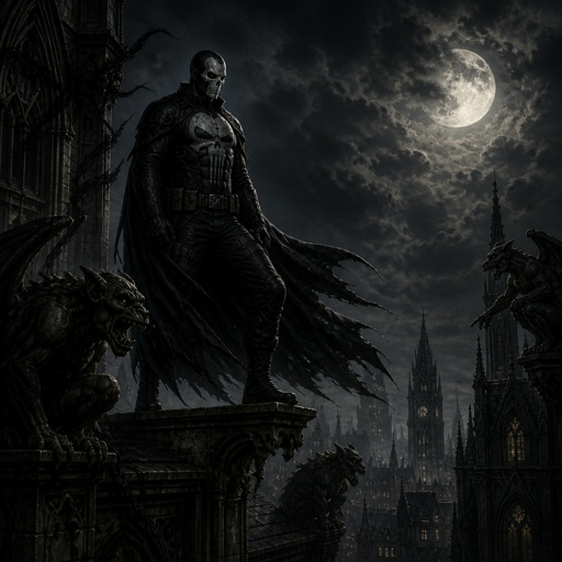 A brooding male vigilante with a agile ,lean and muscular body standing on a rooftop wearing a mask 