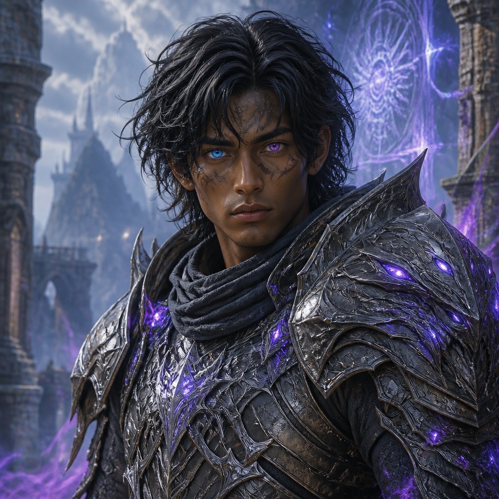 brown skinned young man with medium black hair with heterochromia blue right eye and violet left eye wearing grey pretator armor