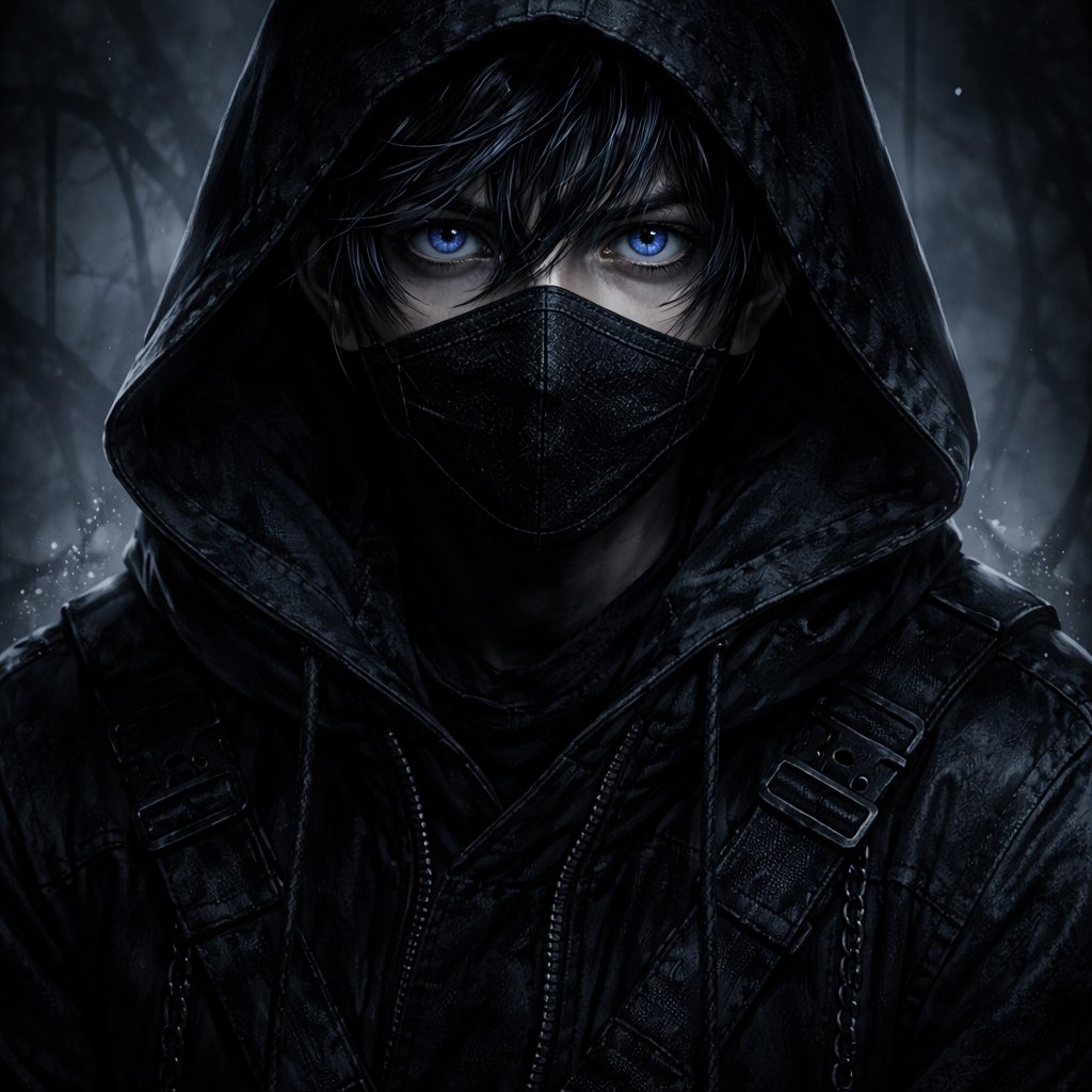 A 17 year old boy who has black hair with blue stripes and has blue eyes. He is wearing all black. There is a mask that covers his mouth and nose. There is also a hood that covers part of his hair but some strands still show. He looks scared underneath his mask.