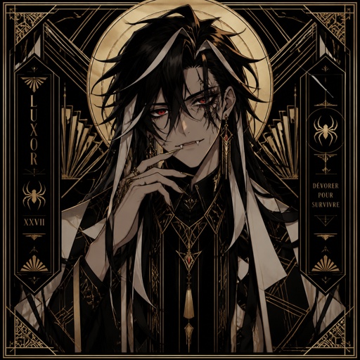 Anime male,hair messy long braided black hair with white stripes,clean shaven,highly skilled,in late 20s,migraines,sarcastic,red glowing eyes,one eye is severely damaged,serious face,been experiment on for many years until finally found and rescued ,has power of a spider and control spiders make traps poison and crawl on walls and ceiling dangerous,glasses,wears a loose jacket a nice fully covered shirt ,loves spiders, nice big earrings,tattoos on arms that means arachnid and on left arm tattoo that says sub 389,helps people but on his terms,doesn't remember anything from his past except the experiments, long scary fingers, spider fangs, traumatized,special agency is keeping an eye on him 