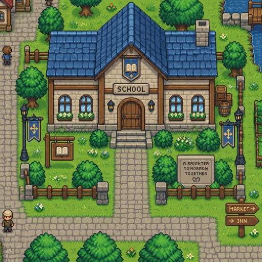 Village school for a modern fantasy game, exterior, top down style