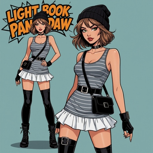 Light Brown Short Hair Babe Striped gray tank dress with white ruffled mini-skirt, thigh-high socks, chunky black buckle boots, black beanie, and cross-body bag — casual goth-punk streetwear.