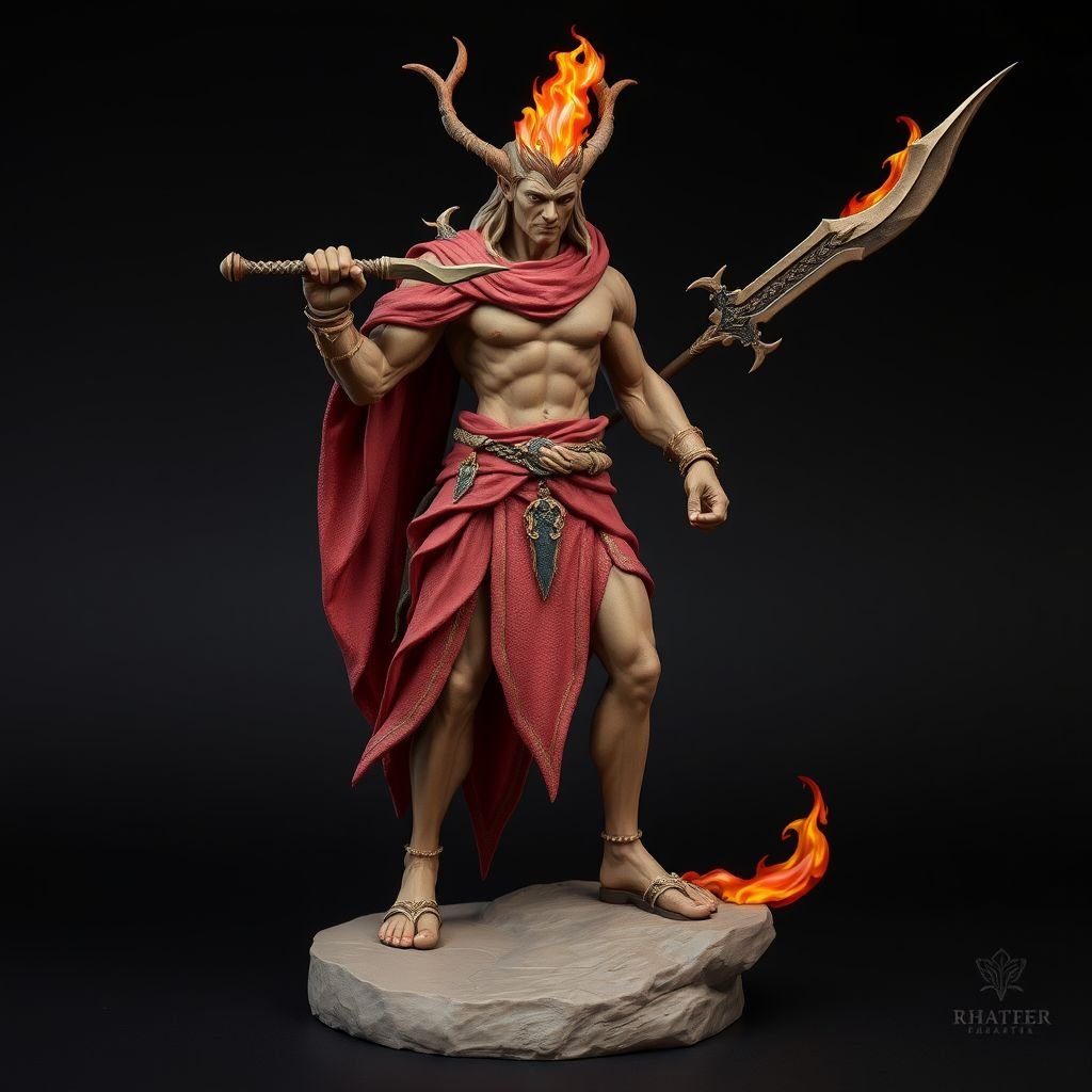 Create handsome hero  Rhen the Fire – A lean, muscular man. He wears layered, flowing desert robes dyed in warm reds and golds, with scorch marks where flames have licked them. A curved blade hangs at his hip.  Show whole body head to toe including her shoes.