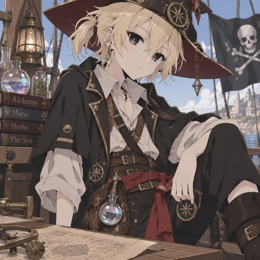 Alchemist witch pirate girl with boy look with pony tail and boy clothes and has blond hair and onyx eyes with hue of rainbow white pale skin 