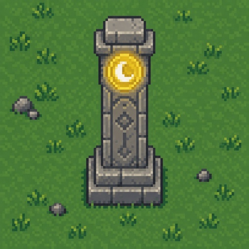 Pillar with a circle close to the top with a crescent moon in it for a modern fantasy game, top down style